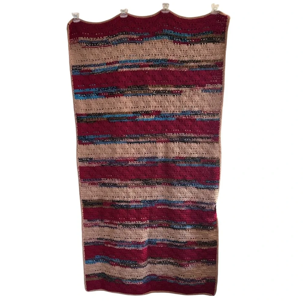 Handmade Crochet Burgundy Teal Taupe Throw Afghan Blanket Stripe Geo 33